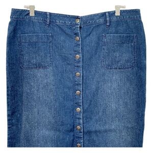 J. Jill Denim Sz 14 Button Front Midi Skirt 100% Cotton Medium Wash Pockets